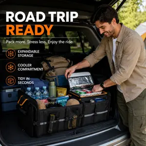 Large Capacity Car Trunk Organizer, Black Oxford Cloth Collapsible Cargo Storage Box with Insulated Cooler Bag, 2mm PE Board Sturdy Frame, Adjustable Lid, Carry Handle & Compartments for SUV, Truck, Travel, Groceries, Camping Gear
