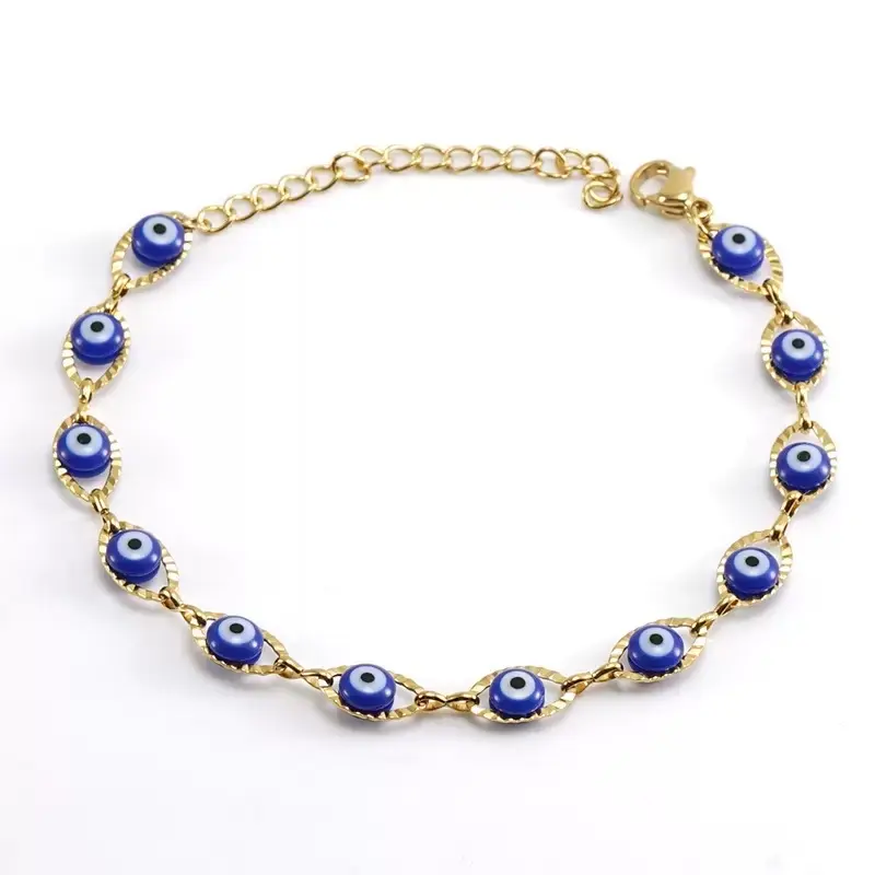 Evil Eye 18k Gold Plated Bracelet Stainless Steel with Blue Beads, Fashion Jewelry for Women and Girls Perfect Valentine’s Gift for her