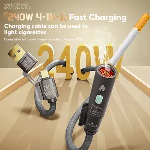 240W Coil Ignition Data Cable with USB-A/Lightning + Dual Type-C, 5FT Nylon Braided Data Cable, Can Quickly Charge MacBook, iPhone16/15/14/13, Android and so on, 480Mbps data transmission