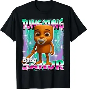 Women's Short-Sleeve Round Neck Casual Streetwear Graphic T-Shirt - Tung Tung Sahur Italian Brainrot Meme Design with AI-Generated Animal Prints