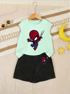 Summer Boys Sleeveless Top + Comfortable Loose Jogger Pants, Spider-Man Print, Breathable Sweat-Wicking, Casual Wear for School & Outdoor Activities