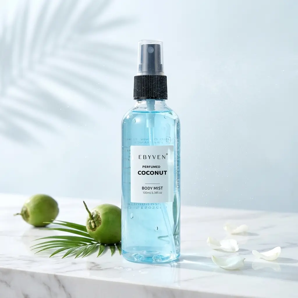 EBYVEN Coconut Scent Body Mist, 100ml/3.38Fl.oz. Perfume Mist with Gardenia, Coconut, Salt, Vanilla, Cedar and Sandalwood, Alcohol Free Body Fragrance, Perfect for Dating, Parties and Gift Giving