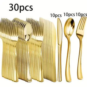 30pcs Golden Plastic Cutlery Set Party Supplies, Including 10pcs Forks, 10pcs Spoons And 10pcs Knives, Suitable for Home, Bar And Restaurant, Wedding, Birthday, Other Holiday Parties, Very Suitable for Ramadan