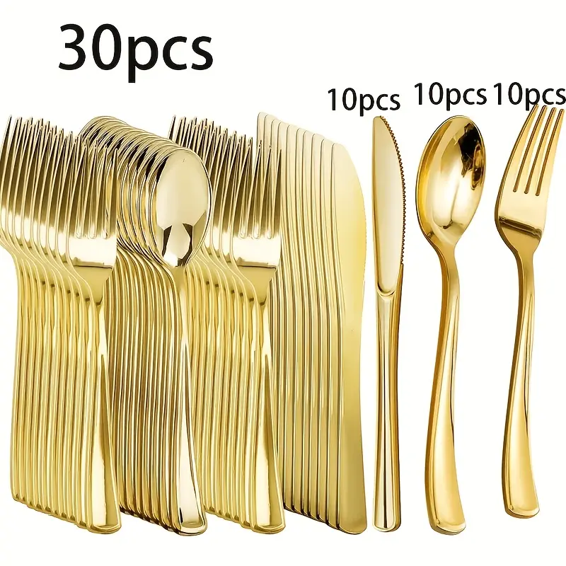 30pcs Golden Plastic Cutlery Set Tableware Party Supplies, Including 10pcs Forks, 10pcs Spoons And 10pcs Knives, Suitable for Home, Bar And Restaurant, Wedding, Birthday, Other Holiday Parties, Very Suitable for Ramadan
