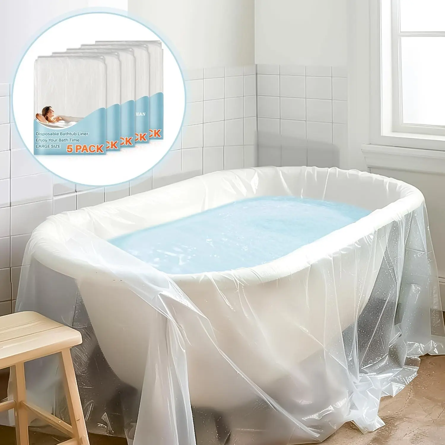 Disposable Bathtub Cover Liner - 5 PACK 102 x 47 Inch Large Size Transparent Plastic Portable Bath Tub Bag with An Adhesive Tape Ideal for Travel Salon Spa Household Hotel Pet Bathing