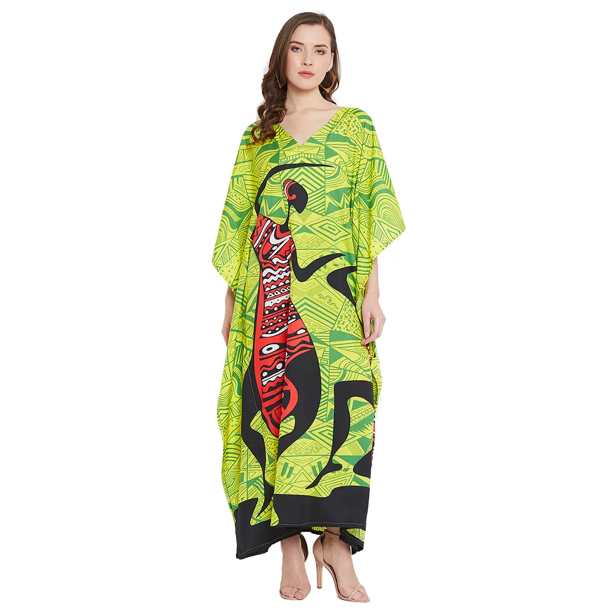 Gypsie Blu African Tribal Printed Casual wear Kaftan for Women Polyester V-Neck Luxury & Soft Summer Beach Cover up Dress Neon Lime Green One Size Fits Most