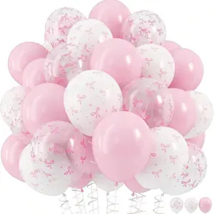 Pink Bow Print Balloons, Cute Coquette Style Pink & White Balloon Set, Bow Pattern Party Balloons for Girls Birthday, 1st Birthday, Gender Reveal, Baby Shower & Coquette Themed Party Decor