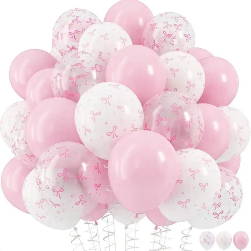 Pink Bow Print Balloons, Cute Coquette Style Pink & White Balloon Set, Bow Pattern Party Balloons for Girls Birthday, First Birthday, Gender Reveal with Balloons, Baby Shower & Coquette Themed Party Decor, Pastel Party Decorations