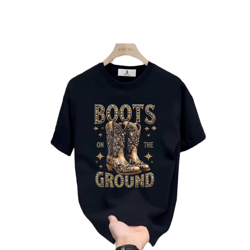 Women's Cotton Short-Sleeve Cowgirl Western Themed T-Shirt - Lady's Sporty Chic Custom Made Round Neck Casual Top, Black Sports & Outdoor Streetwear Clothes