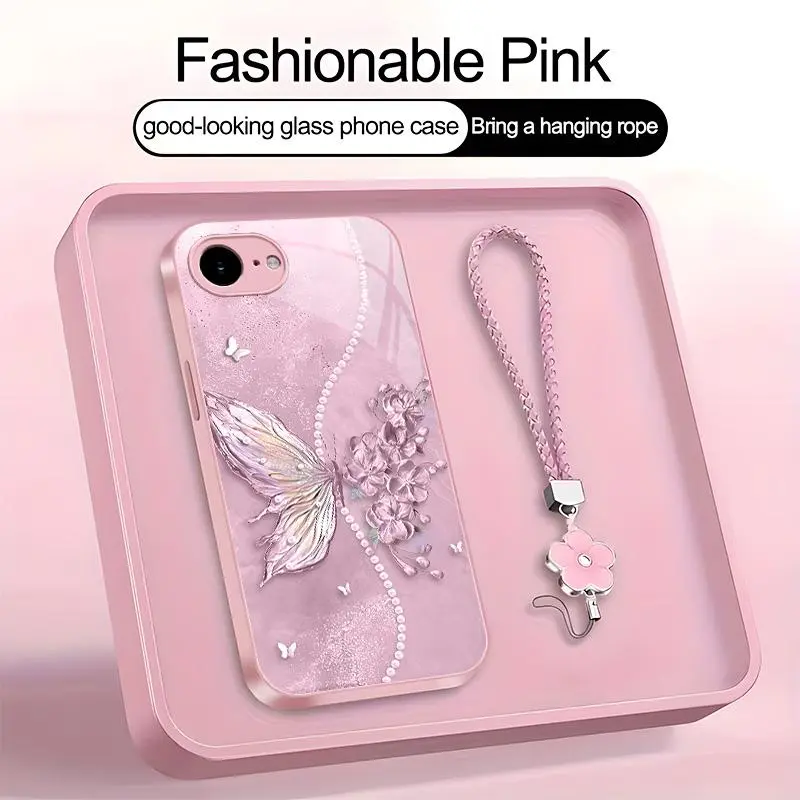 Suitable for [iPhone 16e] high-end phone case，a beautiful four-leaf clover lanyard is included,exquisite and dreamy butterfly pattern,a variety of colors are available for you to choose from YM99