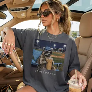 Raccoon I Live Here Now T-Shirt, Ballpark Field Shirt Funny Game Day Shirt, Softball Mom Tee, Baseball Mama, Tball Mom Shirt, Baseball Mom Tee