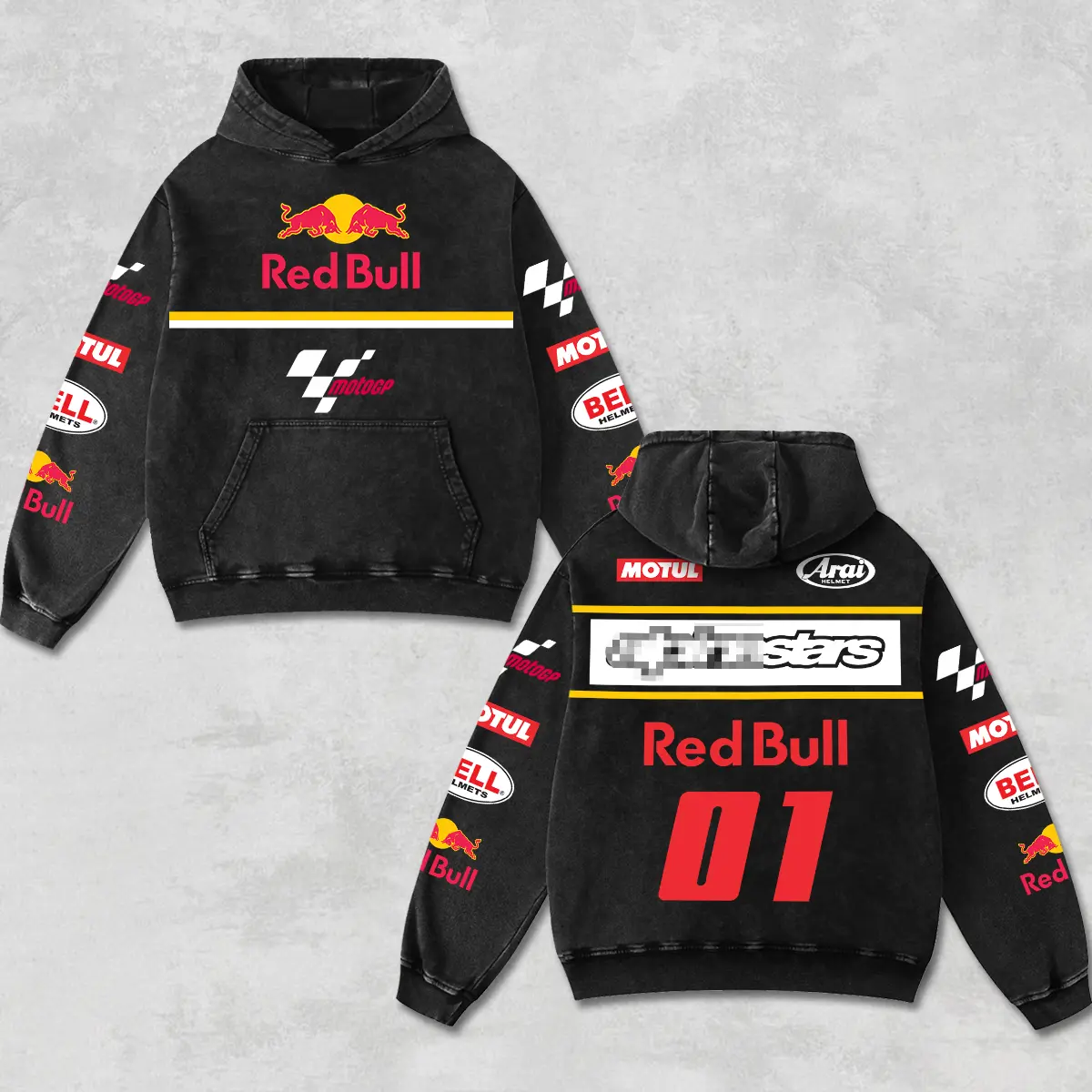 Retro Redbull Champion 01 Racing Hoodie Black Acid Washed, Stars Motul Arai MotoGP Enthusiast, Motorcycle Biker Graphic Streetwear, Heavyweight Sweatshirt, Retro Moto Gear Motorbike Apparel Men’s Grunge Y2K Racing Jacket Style Oversized Vintage Clothes