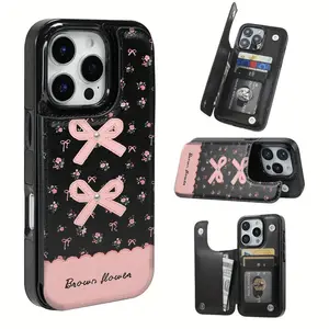 Phone Case - Stylish and functional with a pink floral bow pattern, this phone case offers a card slot and multiple functions for bank and transportation cards. It is compatible with iPhone 16 Pro Max, 16, 15 Pro and 14 Plus.