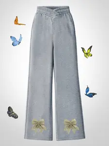 Girls' Casual Wide-Leg Pants - Cotton Blend, Gold Glitter Bow Print, Elastic Waist, Elegant Girly Style, Soft Skin-Friendly Fabric, Daily & Party Wear, Machine Washable