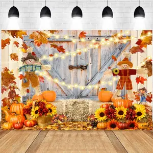 Photography Background Strawman Pumpkin Sunflower Wooden Door Autumn Scene Harvest Party Backdrop Photography Studio Background