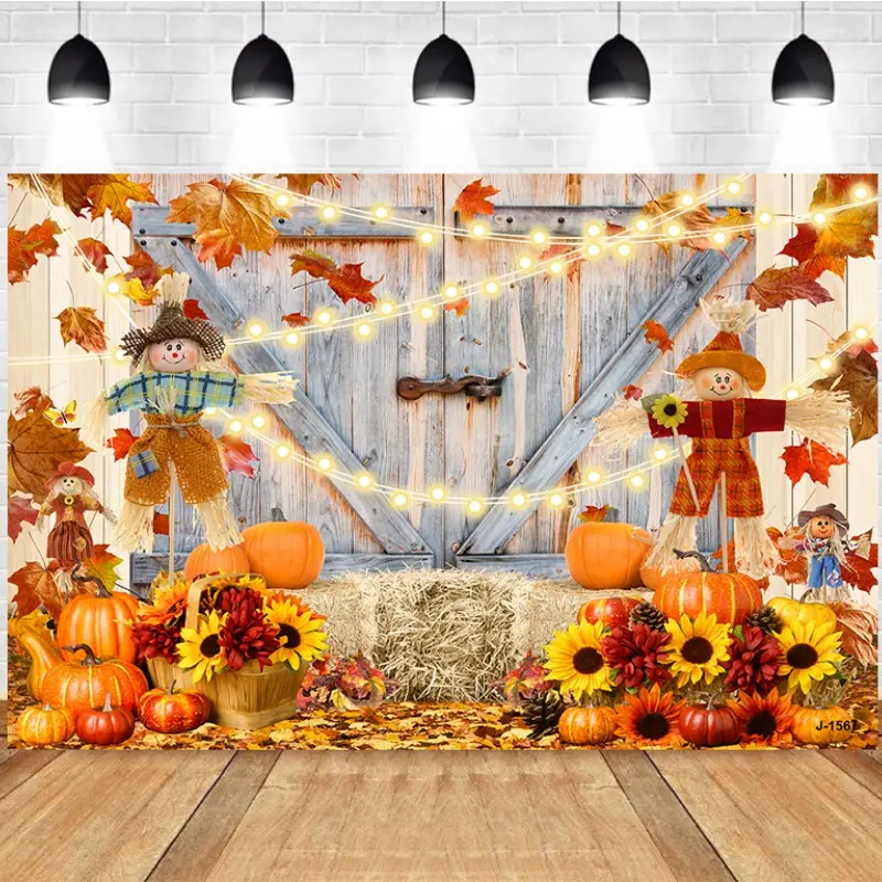 Photography Background Strawman Pumpkin Sunflower Wooden Door Autumn Scene Harvest Party Backdrop Photography Studio Background