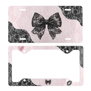 Pink Black Lace Bow Car License Plate Frame, Cute Feminine Car Decor, Girly Car Accessory for Women