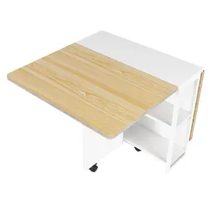 50" Folding Dining Table for 2-4, Space Saving Drop Leaf Table with 6 Wheels, 2-Tier Storage Shelf & Oak Finish