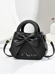 Women's Solid Color Bow Decorated Handbag, 2024 New Style Pu Leather Zipper Fashionable Shoulder Bag for Daily Used, Casual Trendy Versatile High-quality Daily Commuting Bag