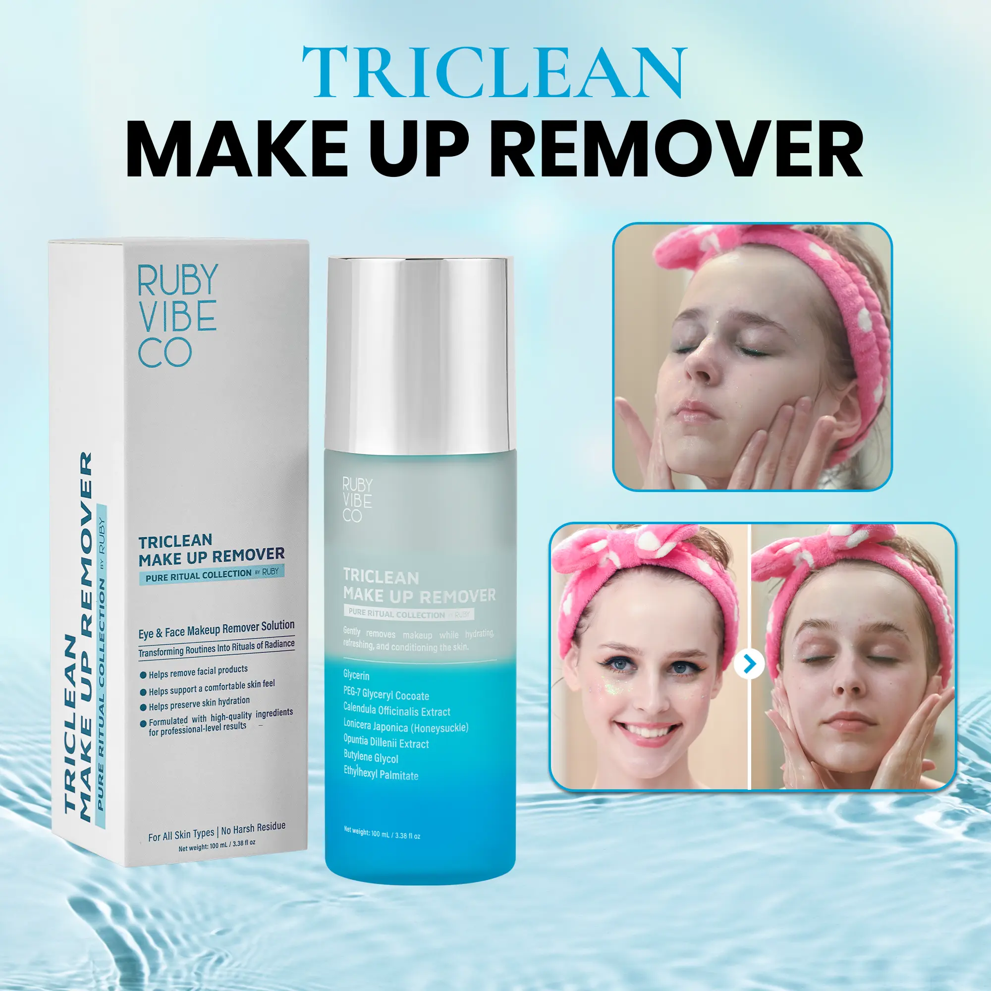RUBY VIBE CO TriClean Make Up Remover 3-Phase Waterproof Makeup Remover, Eye Make Up Remover & Mascara Remover, Oil Based Makeup Cleaner for Face & Lips, 100 mL / 3.38 fl oz