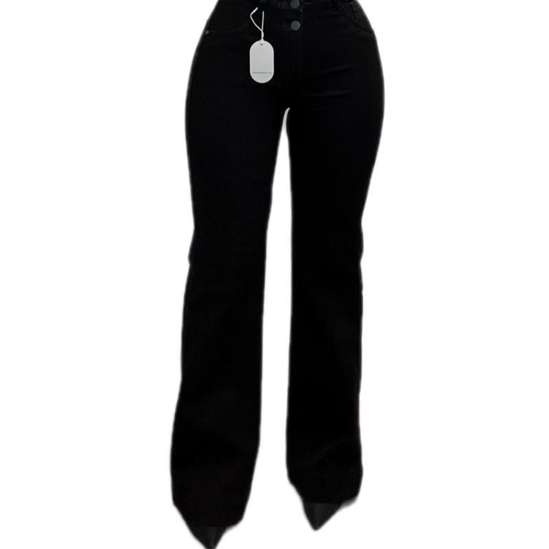 Jean Sienna Noir Stretch Colombian High-Waisted Flare Jeans for Women Black Campana Style with Double Front Buttons Soft Stretch Fabric