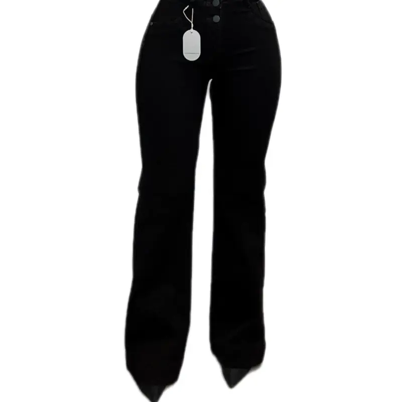 Jean Sienna Noir Stretch Colombian High-Waisted Flare Jeans for Women Black Campana Style with Double Front Buttons Soft Stretch Fabric