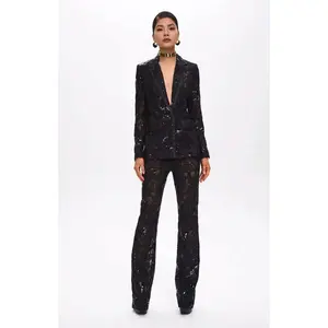 Carie Sequin Floral Blazer Set Black Fitted Two-Piece Ensemble with Intricate Sequins & Long Sleeve for All Seasons Coordinated Set with Sheer Lace Details Tailored Blazer & Wide-Leg Pants