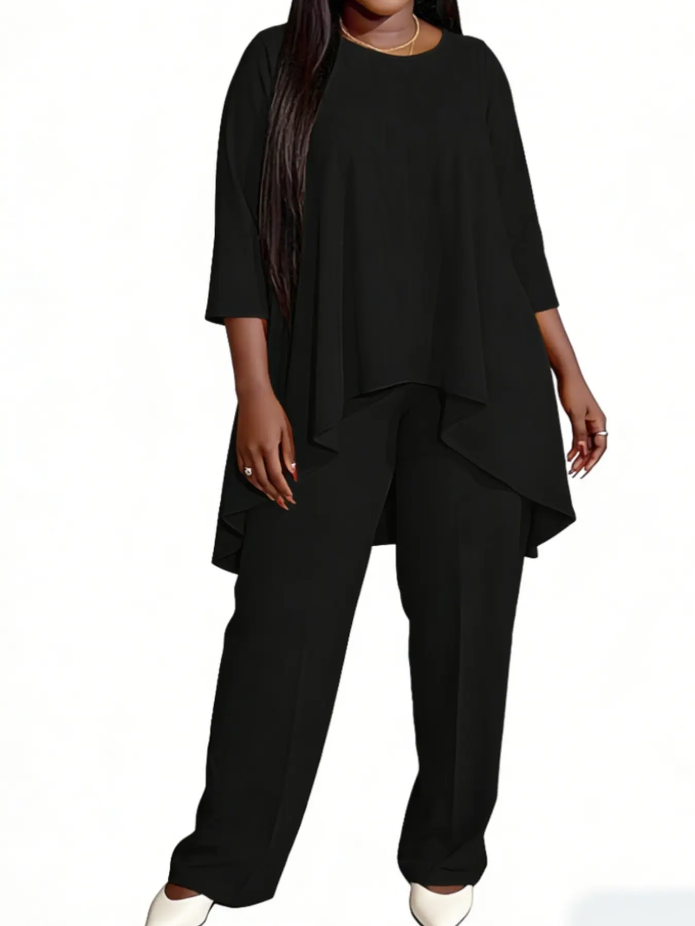 Plus Size Solid Round Neck Set, 2 Counts/set Plain Pants Set Casual Lightweight Cozy Loose Basic Minimalist Long Sleeve High Low Tee & Pants for Everyday Wear, Casual Fashion Set, Women's Outfits for Spring & Fall, Womenswear, Clothes