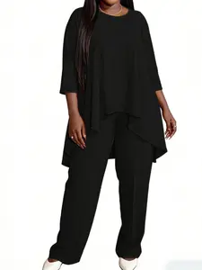 Plus Size Solid Round Neck Set, 2 Counts/set  Casual Cozy Loose Minimalist Long Sleeve High Low Tee & Pants for Daily Wear, Women's Outfits for Spring & Fall