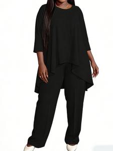 plus size solid round neck set, 2 counts/set  casual cozy long sleeve high low tee & pants for daily wear, women's outfits for spring & fall