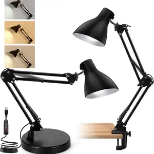 Metal clamp lamp holder with adjustable color temperature, rotatable arm, architect-style adjustable gooseneck desk lamp for home/office use—ideal for work, study, and reading; multi-jointed design
