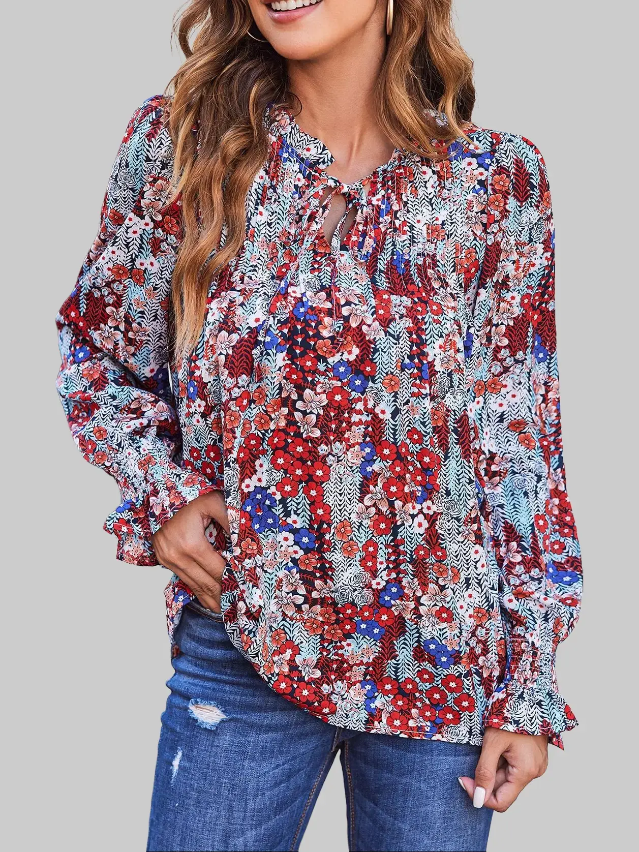 ZEAGOO Women's Long Sleeve Boho Chic V-Neck Drawstring Peasant Blouse, Comfy Casual Fashion Ready-to-Wear Thin Top for Women, Longsleeves, Cute Tops For Women