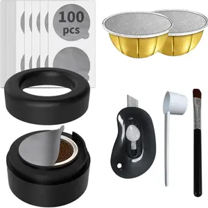 Reusable Vertuo Pod Set, for Faster Sealing, Reusable Nღo Vertuo Pods, with Spoon, Brush, and Knife, 100 Aluminum Foil Lids, Refillable Nღo Pods Vertuo
