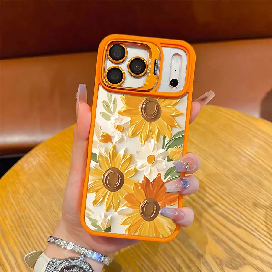 Orange Lens Kickstand Soft Edge Anti-Collision, Built-In Magnetic Wireless Charging, Oil Painting Sunflower Healing Fresh Phone Case,With For Iphone17 Pro Max,16, 15, 14 ,13,12And 16Plus. It Makes A Perfect Gift For Birthdays, Holidays