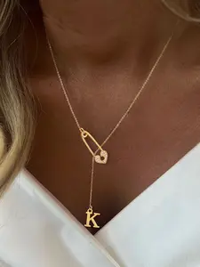 Women's Heart-Shaped Initial Pin Pendant Necklace, Letter Necklace, Stainless Steel Chain, Adjustable Necklace, Casual Fashion Jewelry for All Seasons