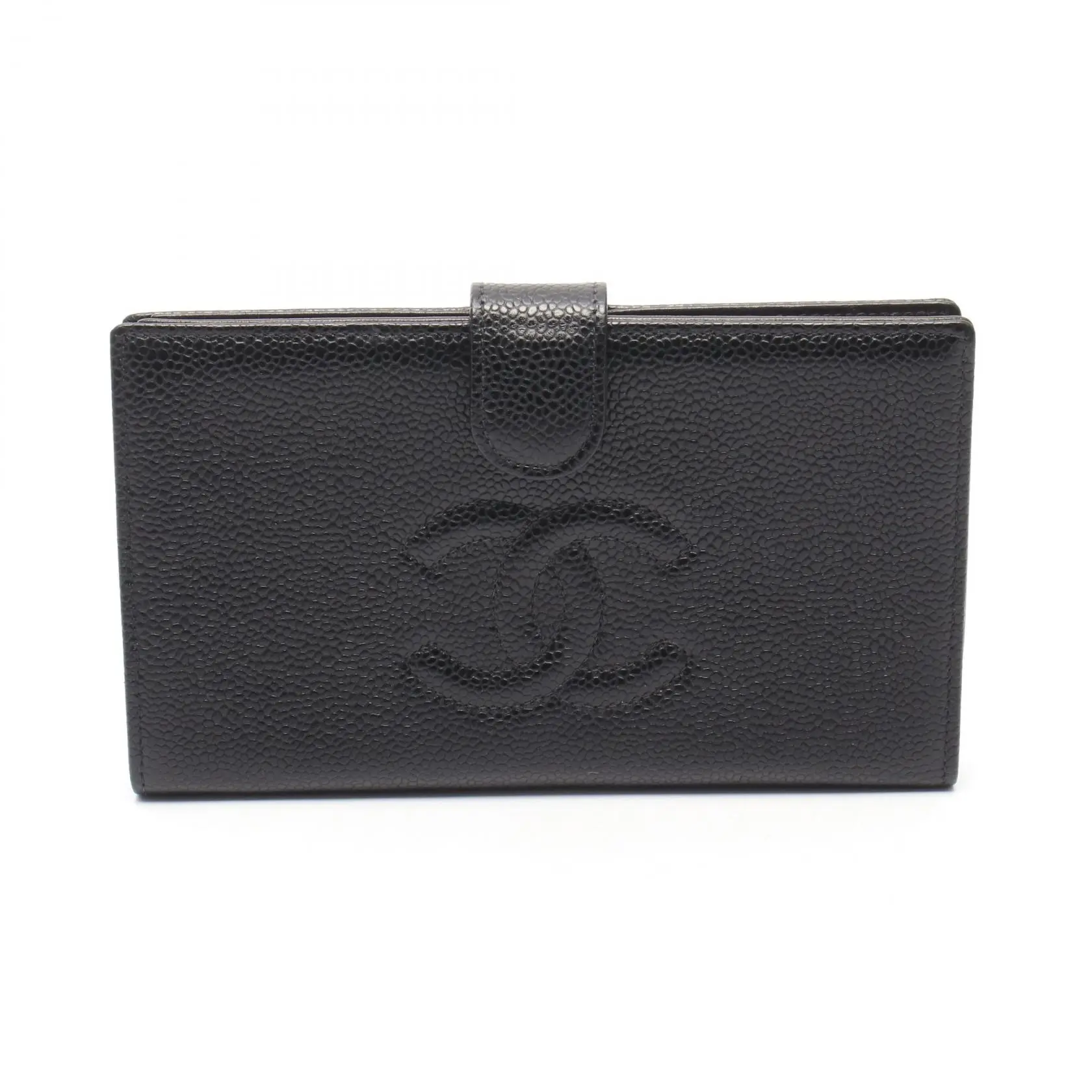 Pre-owned CHANEL Calfskin Small Leather Goods Coco Mark Caviar Skin Long Bifold Wallet