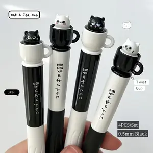 4pcs Cute Cat Design Gel Pens • 0.5mm Quick-Dry Black Ink • Twistable Cup Writing Pens with Adorable Cat Illustrations • Perfect for Office & School Supplies • Cat Pens • School Stationery • Playful Design • Smooth Writing