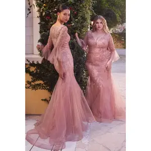 Fitted Lace Mermaid Gown With Trumpet Sleeve