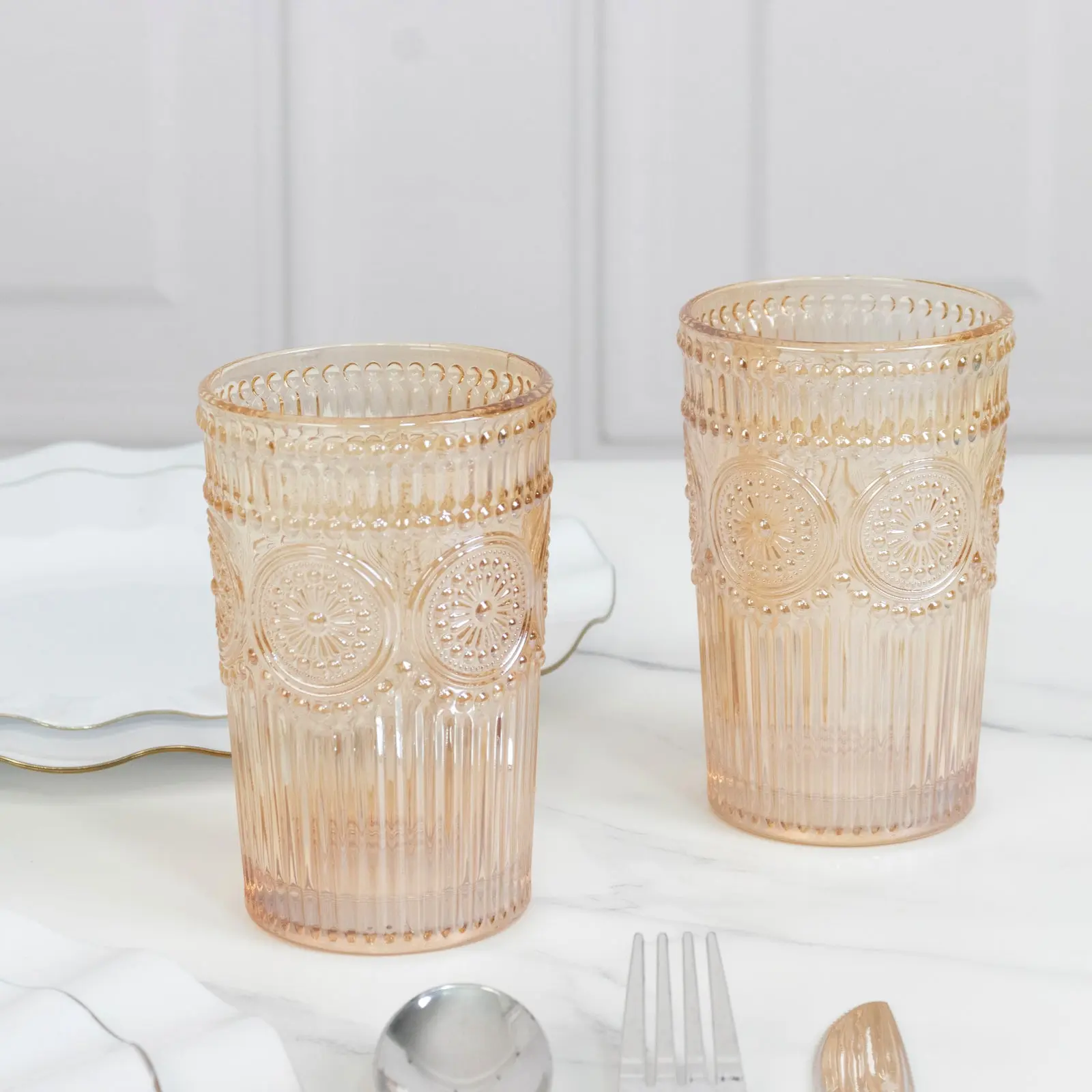 6 Pack Vintage Embossed Glass Tumblers – 13oz Amber Gold Drinking Glasses Textured Floral Pattern for Water, Juice & Cocktails