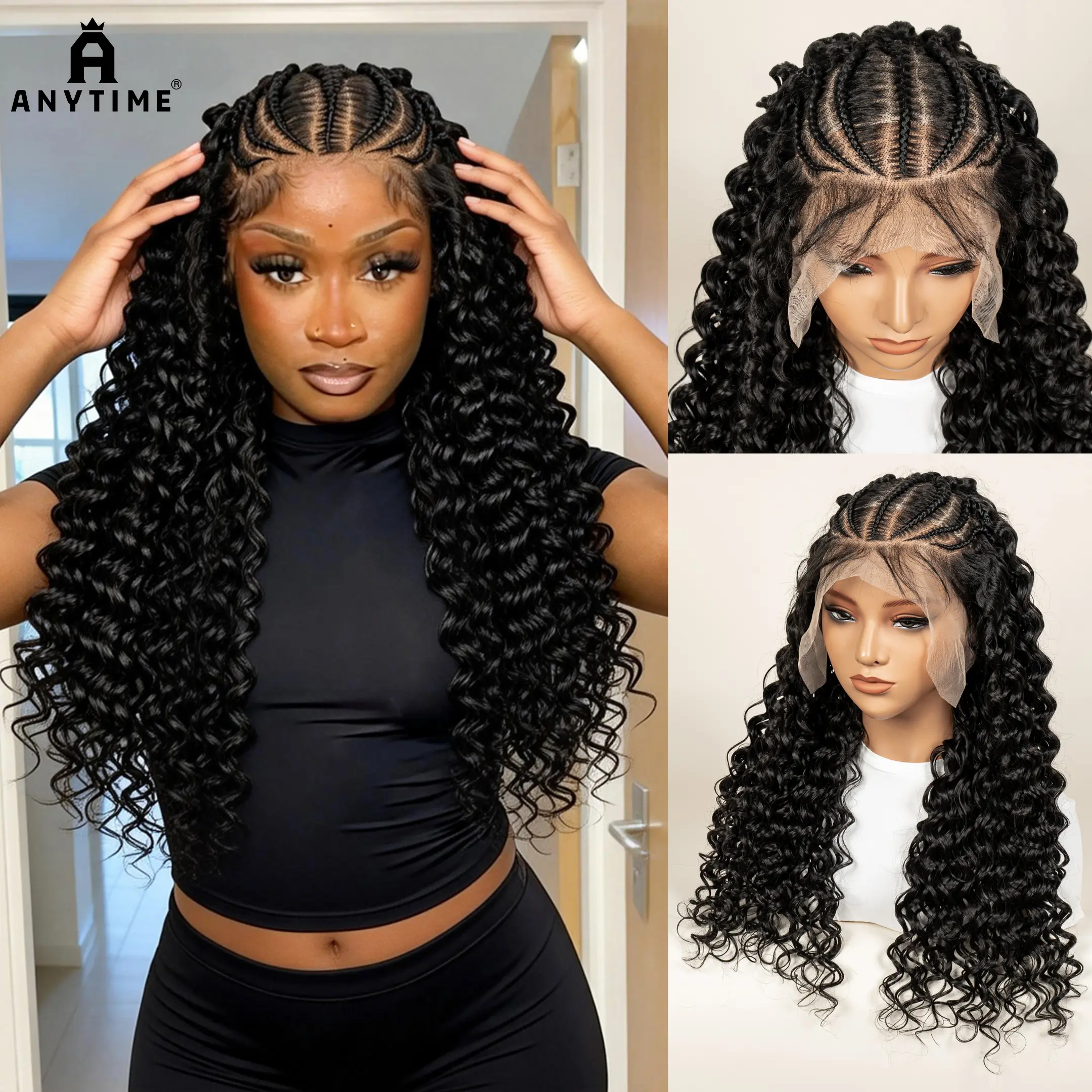 Anytime 26 inch black Synthetic wavy braided lace front wig, non-adhesive woven hair quality wig, with baby bangs, synthetic woven full lace wig, suitable for celebration events, daily wear, gifting, synthetic wavy hair piece，Very suitable for women wear