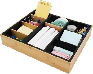 Office Drawer Organizer, Bamboo Desk Drawer Organizer with 4 Removable Dividers, Desk Organizers and Accessories with 10 Adjustable Compartments for Office Home (Gray)