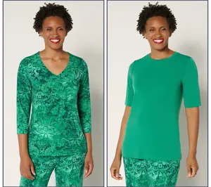 Susan Graver Set of 2 Liquid Knit Print & Solid Tops