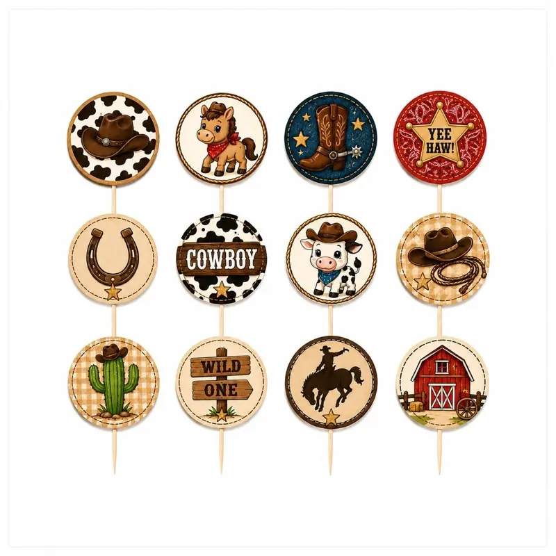 12 Cowboy Cupcake Toppers | Western Party Decorations | Birthday Cake Picks