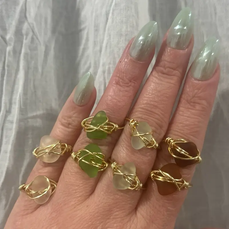 Gold Wire-Wrapped Seaglass Ring, Handcrafted Boho Jewelry for Women