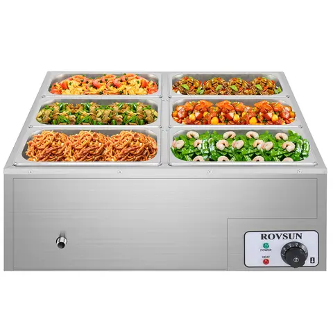 ROVSUN 6-Pan(6.9QT*6) Commercial Food Warmer, 110V Electric Desktop Steam Table with Temperature Control and Stainless Steel Body, Bain Marie Buffet for Party Restaurant and Catering, Sliver
