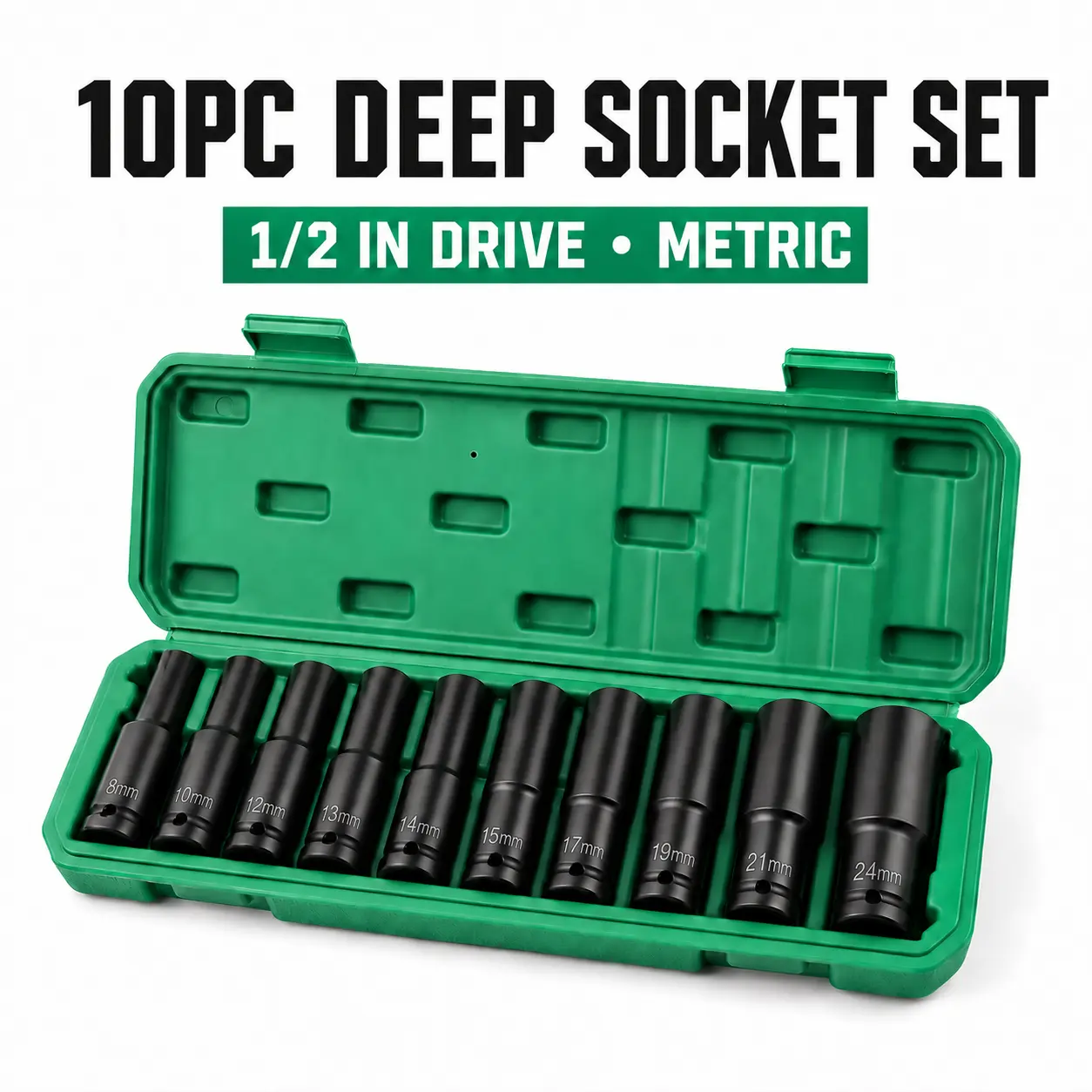 1/2 Drive Metric Impact Socket Set, 10-Piece Heavy-Duty Mechanics Tool Kit (8-24mm), Green Case for Auto Repair, Household Maintenance Garage Essentials