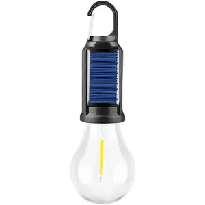 Solar LED camping light, USB Type‑C rechargeable tent lantern with hook, portable waterproof emergency bulb, three lighting modes (high/low/strobe), solar‑powered outdoor hanging light for hiking, backpacking, hurricane survival, fishing