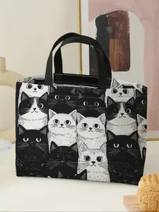 Cat Pattern Handbag Portable Lunch Bag, Women's Casual Shoulder Bag, Large Capacity Camping Student Picnic Food Drink Bag
