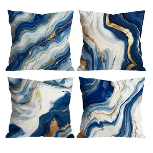 Blue Gold Marble Throw Pillow Covers Set of 4 | Soft Velvet Agate Cushion Cases with White & Gold Accents for Living Room, Bedroom, Sofa Home Decor 0525Y3