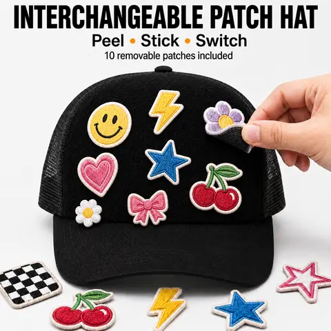 Unisex Trucker Fabric Hat - 5 Large + 5 Small Mix Patches, Customizable Hook-Loop Patch Area, Lightweight Adjustable Fit, Replaceable Design, Basic Badge Baseball Cap for Casual Wear, DIY Enthusiasts